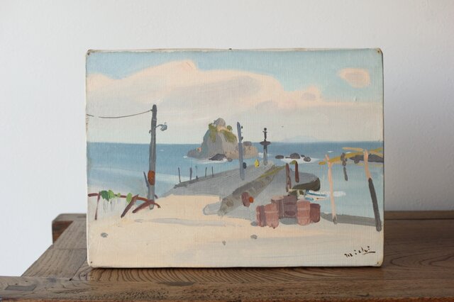 吉崎道治【上人岩】油彩 Z366｜骨董店 のびる 古美術 骨董 和風建具 蔵