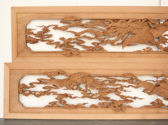 雲海鳳凰図 木彫欄間 2枚1組 R0288｜骨董店 のびる 古美術 骨董 和風