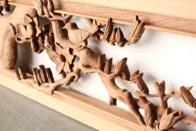 寺崎明 井波彫刻 花鳥木彫欄間 2枚1組 R0467｜骨董店 のびる 古美術