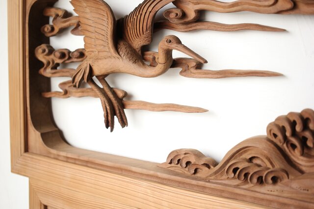井波彫刻 野村清雲 細密木彫雲鶴 欄間 2枚1組 R0411Y｜骨董店 のびる