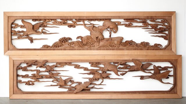 井波彫刻 野村清雲 細密木彫雲鶴 欄間 2枚1組 R0411Y｜骨董店 のびる