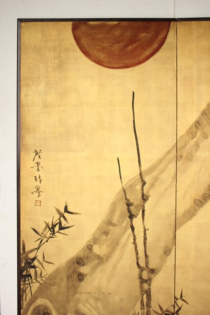 倣 寺崎広業 金地 竹梅図屏風 Z709｜骨董店 のびる 古美術 骨董 和風