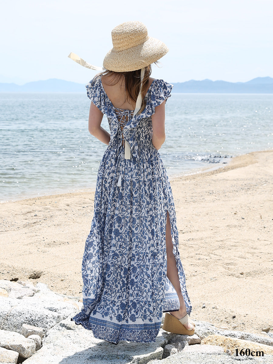 LAUT BLUE(ラウトブルー)フリル背中クロスマキシワンピース/ブルー花柄