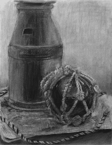 木炭デッサン「ミルク缶と浮き玉のある静物」