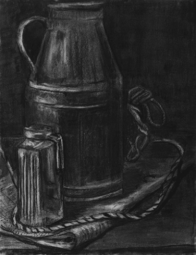 木炭デッサン「ミルク缶と浮き玉のある静物」