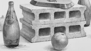 ブロックとガラス瓶のある静物：大きい仕事が先、小さい仕事は後