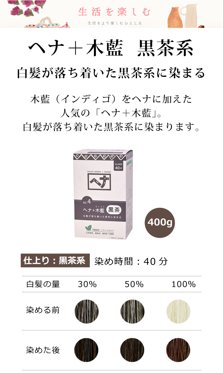 ナイアードヘナ＋木藍（黒茶系）400g 天然100％白髪染め