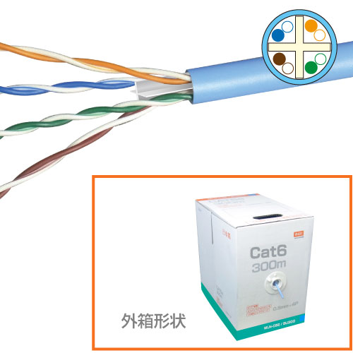 LANケーブル 300m巻 Cat.6 カテゴリー6 フリーコイル巻 ブルー(水色