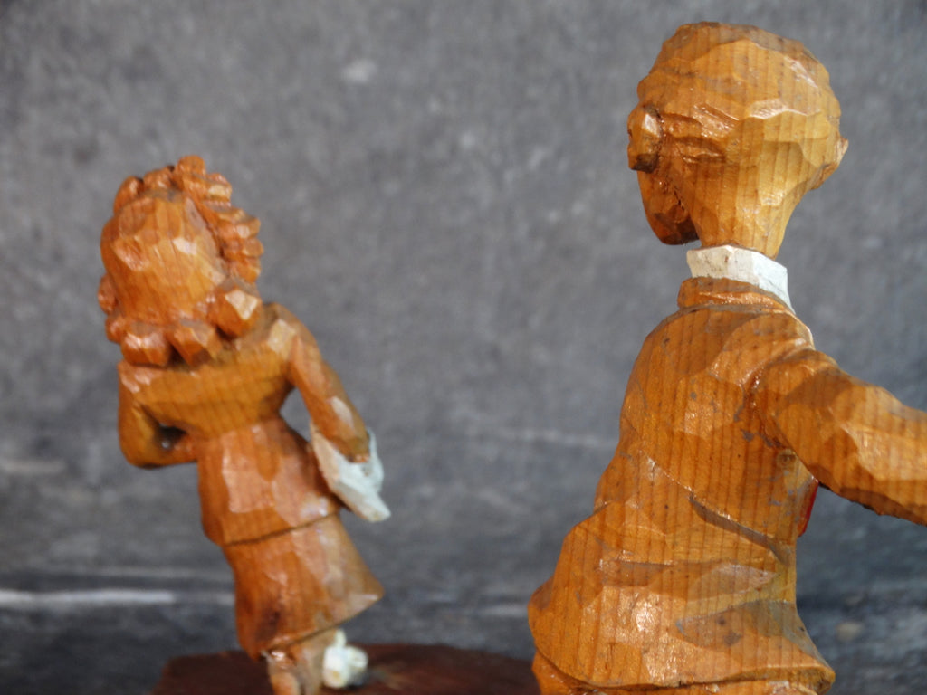American Folk Art Wooden Carved Figures: A Wolf Walking His Dog
