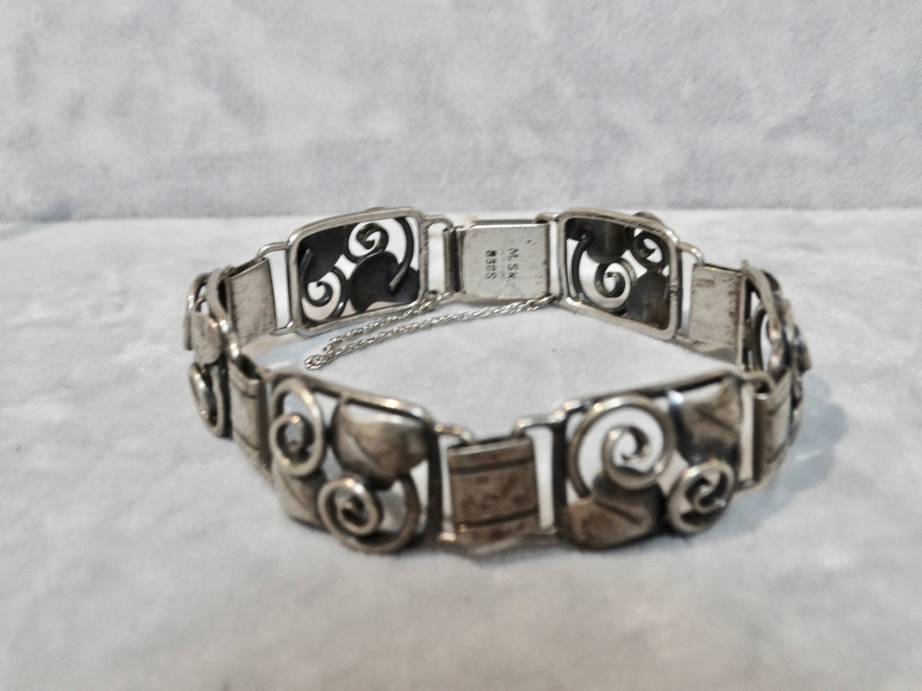 Danish Silver 1930s Bracelet w Leaf and Tendril Motif – Early