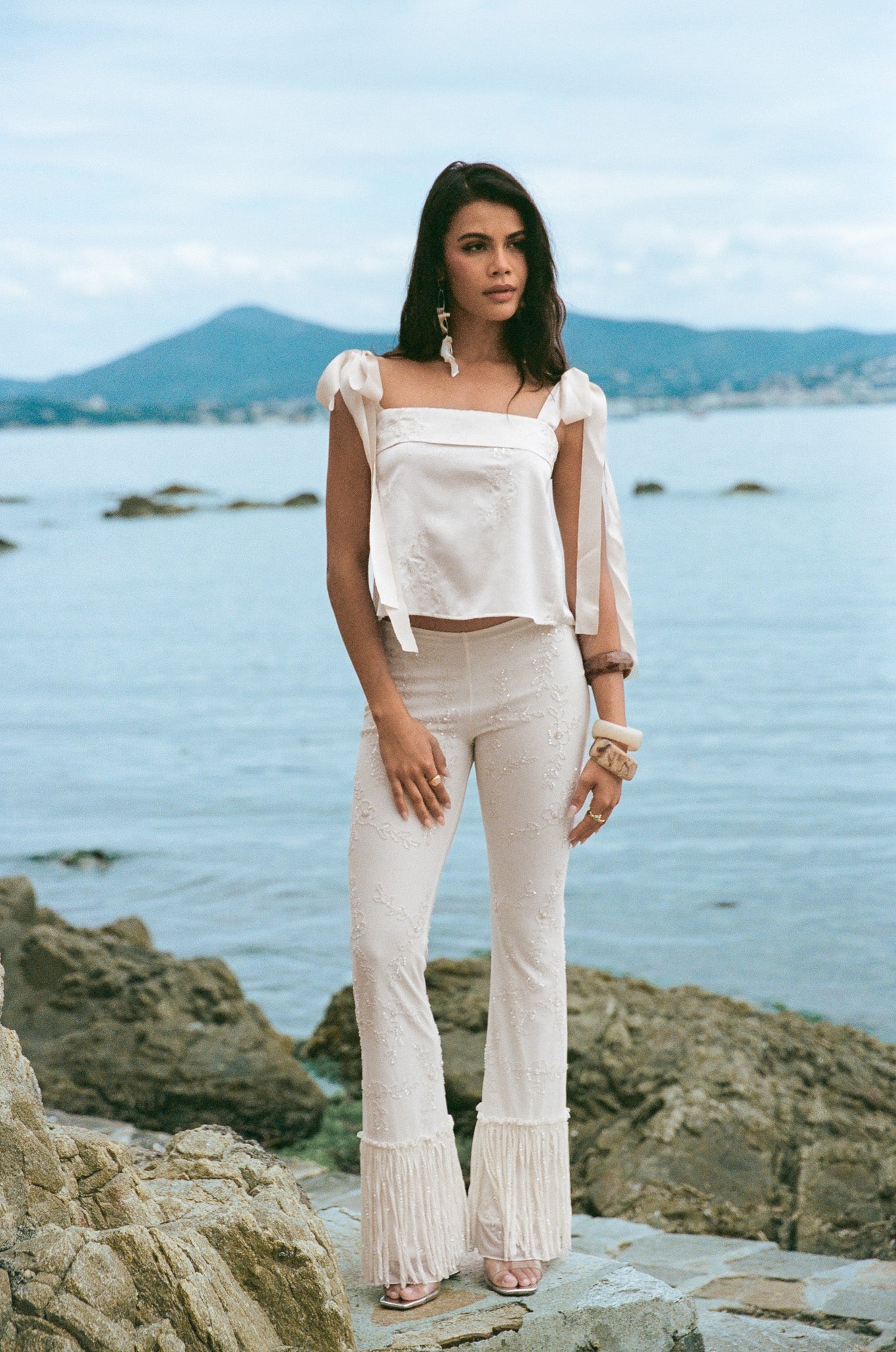 Embroidered open back tie top - Beige