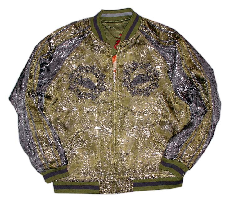 龍桜 [ 普賢菩薩 ] 刺繍 リバーシブル スカジャン グリーン×ベージュ