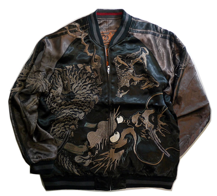 龍桜 [ 伏龍 ] 刺繍 リバーシブル スカジャン ブラック×チャコールグレー