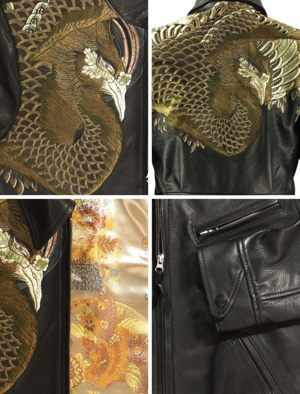 お取り寄せ商品] 花旅楽団 鳳凰 総柄刺繍 レザージャケット （国産