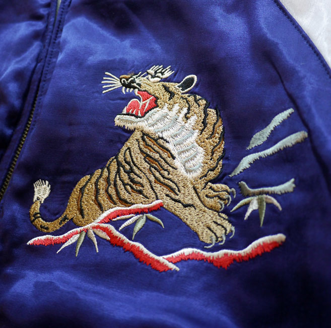 HOUSTON ヒューストン MAP 刺繍 スカジャン (中綿入り）ネイビー