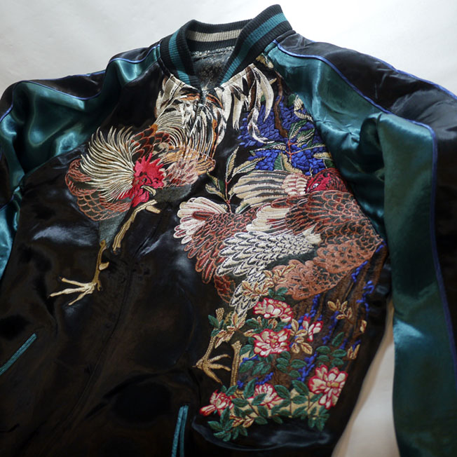 花旅楽団 [鶏と紫陽花] リバーシブルスカジャン ブラック／ブルー