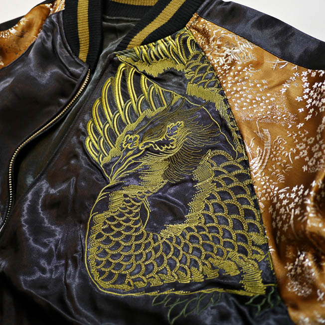 花旅楽団 金筋彫り鳳凰 刺繍 リバーシブルスカジャン ブラック