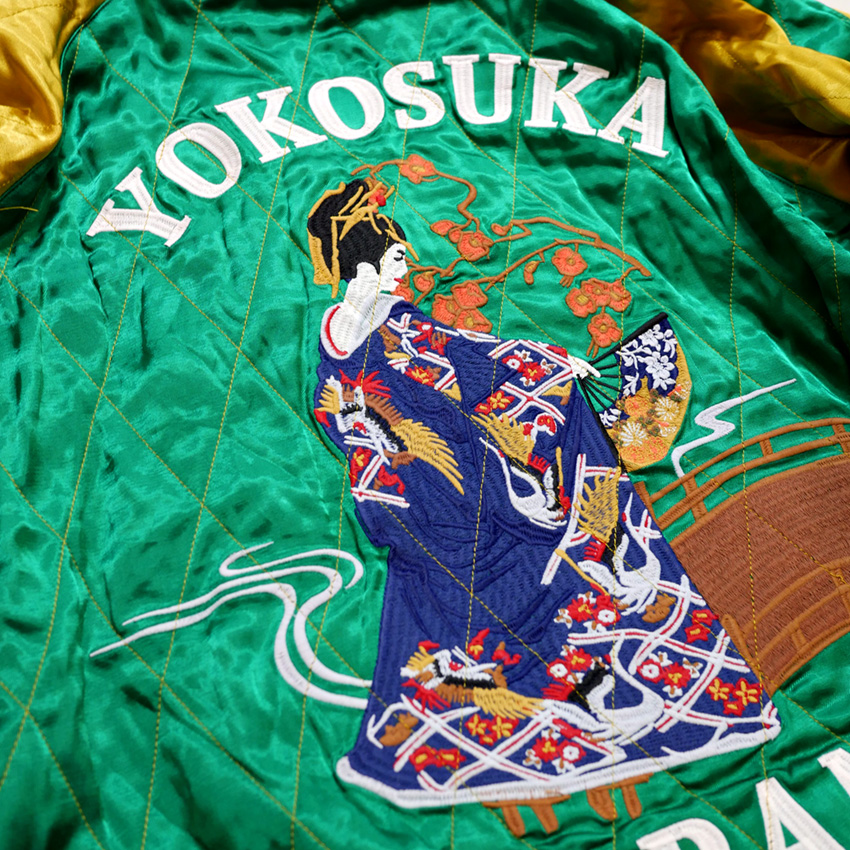 448 HOUSTONスカジャン リバーシブル仕様 蛇×ドクロ×観音 緑×黄 448