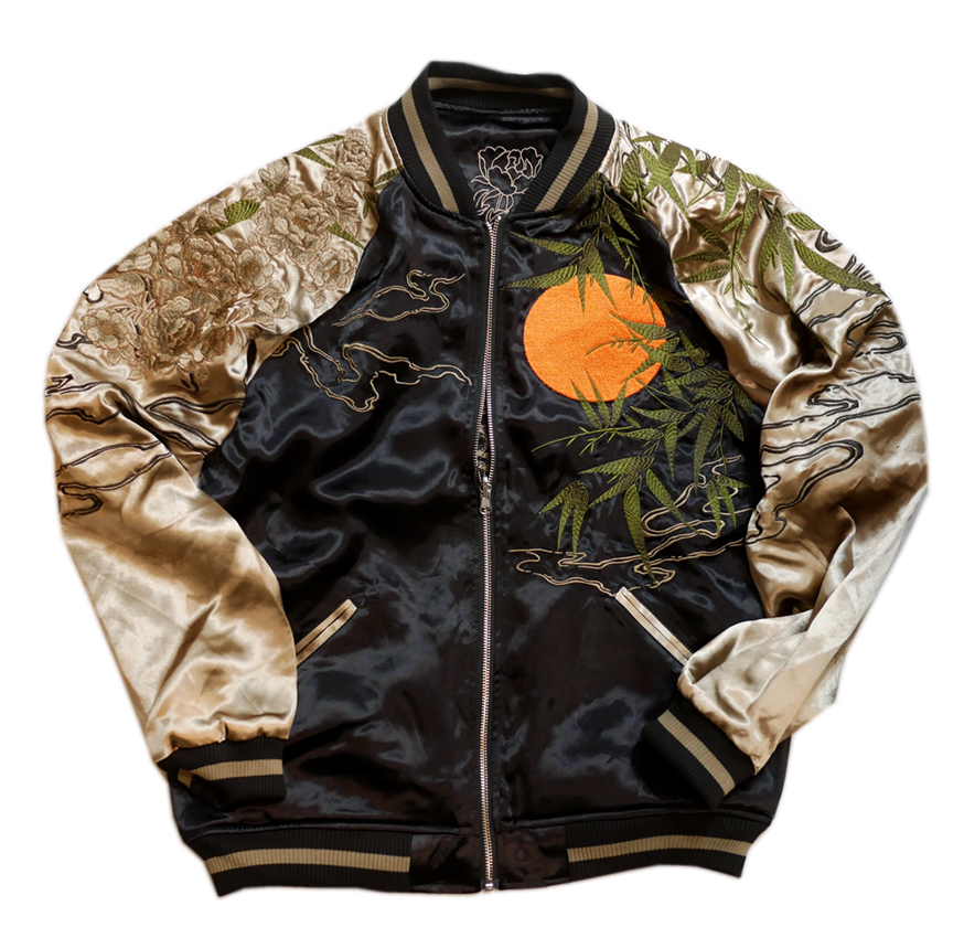 絡繰魂 [ 満月虎 ] 刺繍 リバーシブル スカジャン ブラック×ベージュ