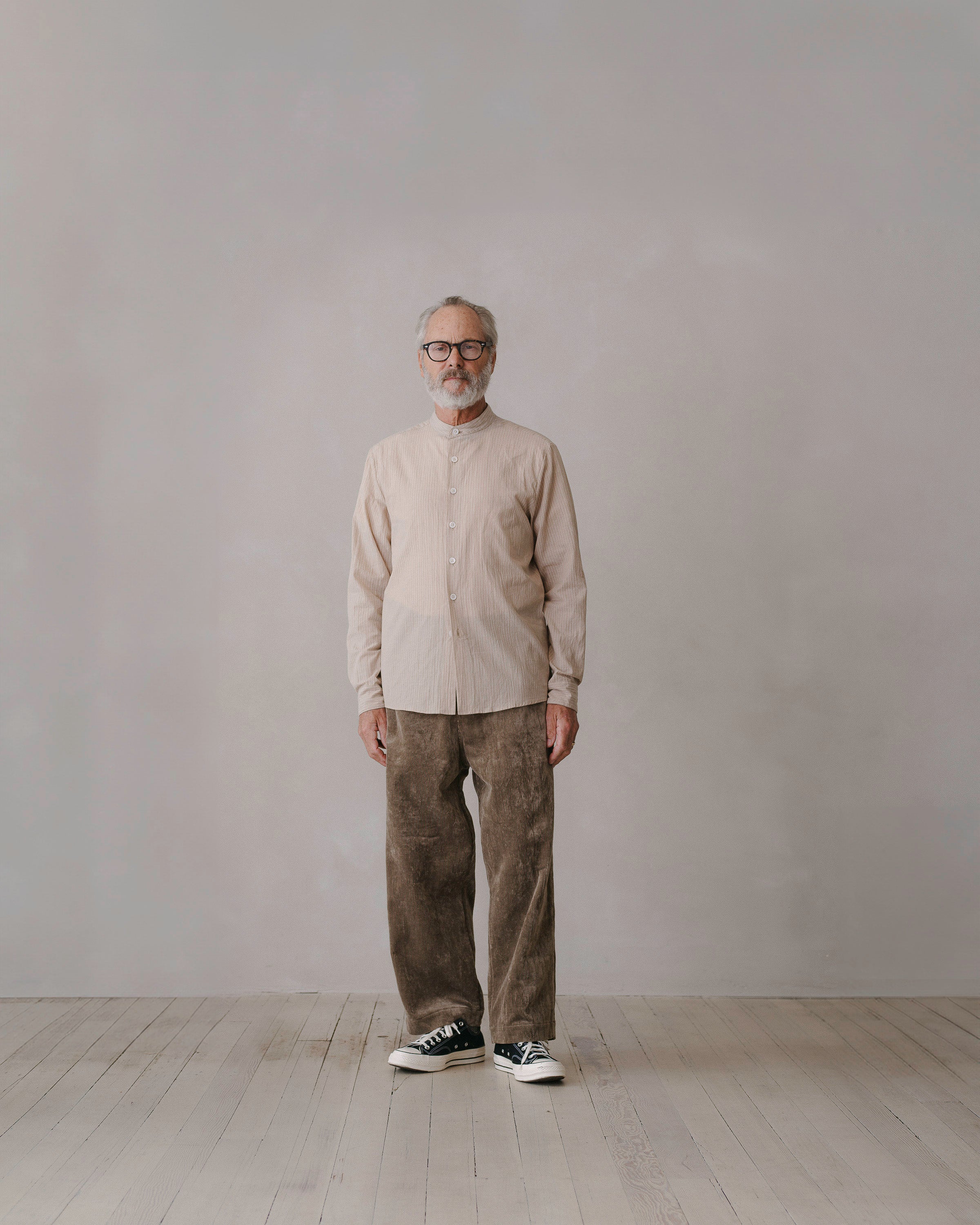 Band Collar Shirt - Lightweight Cotton/Linen Stripe, Beige/Natural