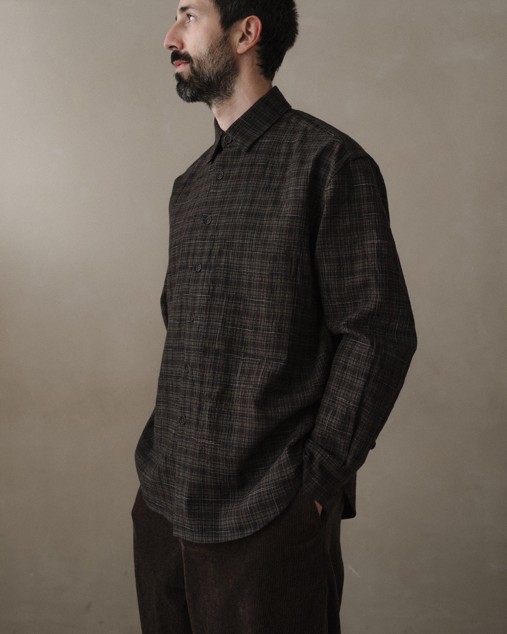 Big Shirt Two - Kasuri Wool Check, Brown/Beige/Navy – evan kinori