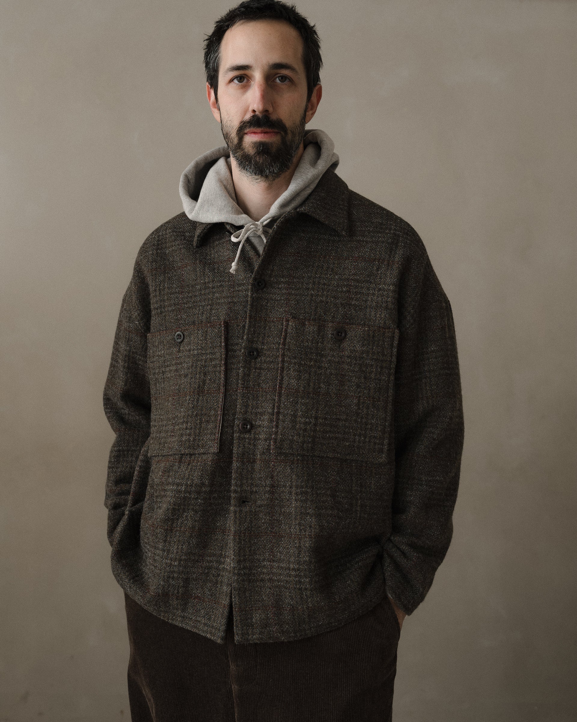 Field Shirt Two - Wool Herringbone Check, Dark Olive/Charcoal