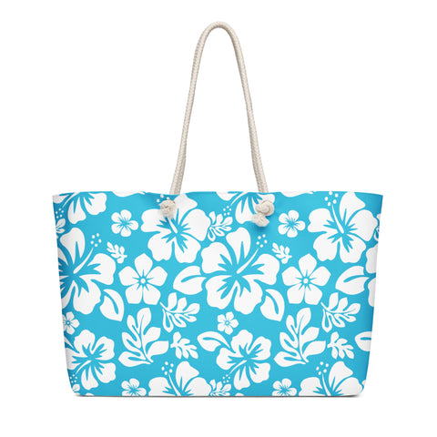 Aqua Blue Hawaiian Flowers Beach Tote Bag | Extremely Stoked®
