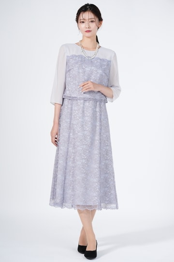 RIFANNE 東京ソワール スカラップ裾レースくすみブルードレスセット (L