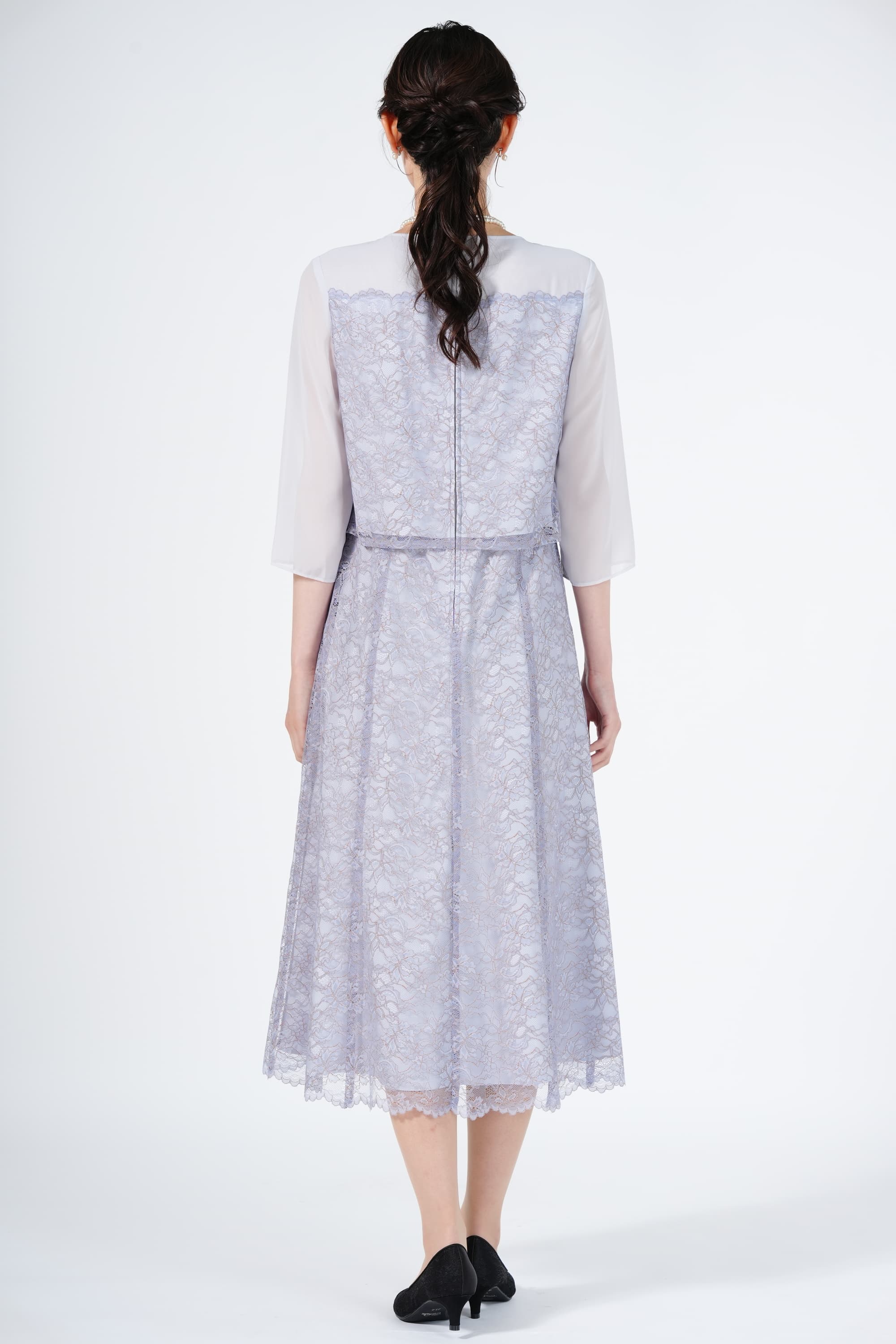 RIFANNE 東京ソワール スカラップ裾レースくすみブルードレスセット (L