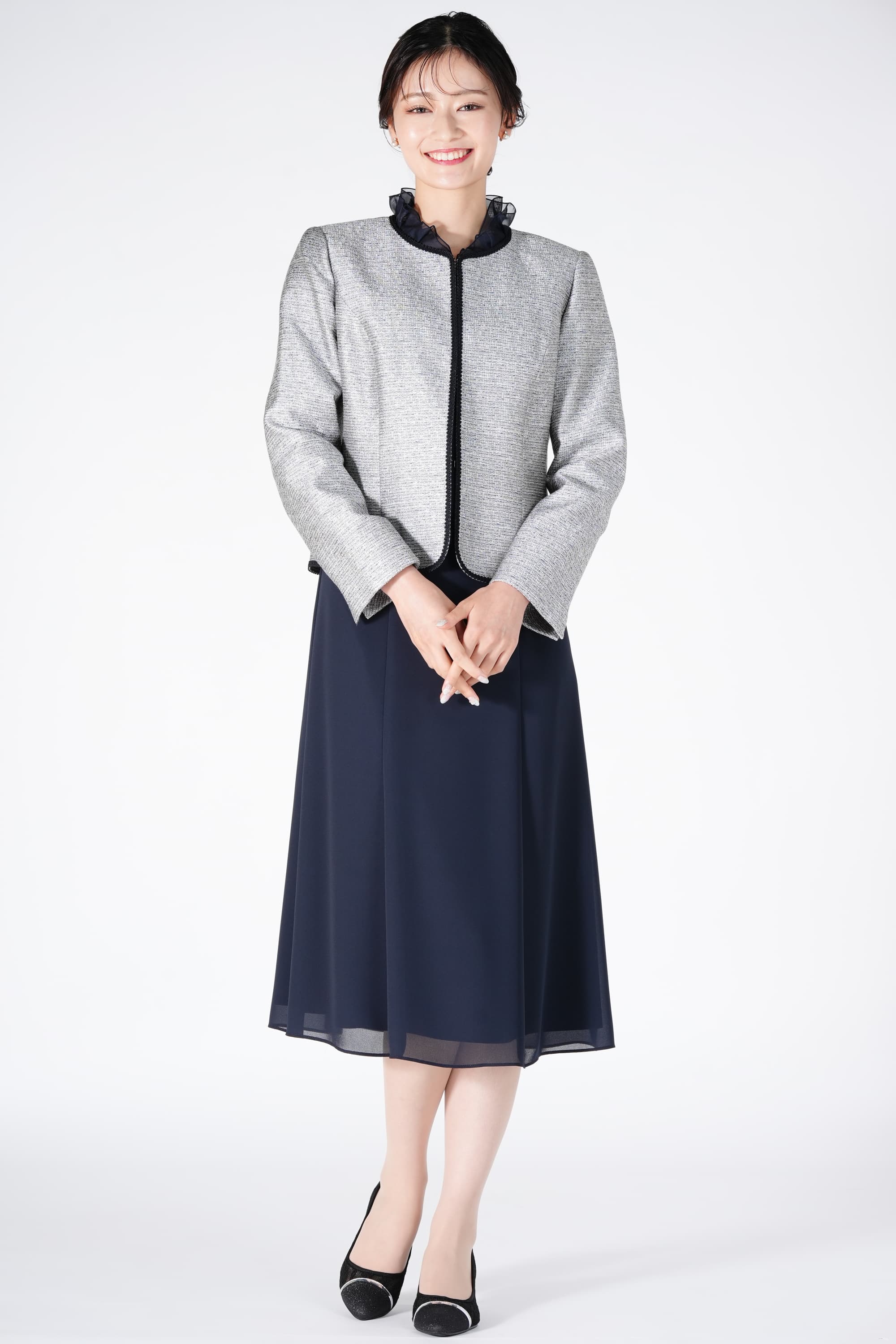 RIFANNE 東京ソワール 光沢グレージャケット×ネイビードレスセット (M