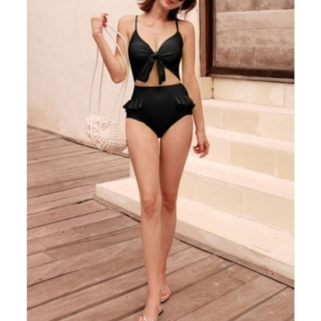 Lace Ladies Lace Ladies Front Ribbon Cutout Frill One-piece Swimsuit [