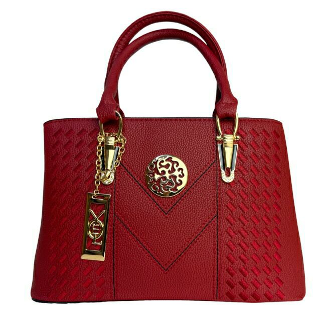 ゴールドチャーム付き合成皮革トートバッグ（レッド）ショルダーベルト