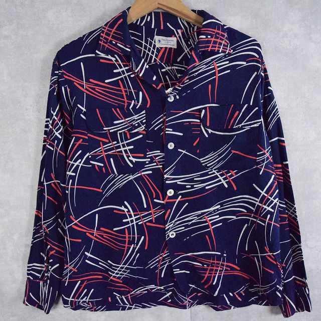 50年代 50s ヴァン・ヒューゼン 開襟 レーヨンギャバ ネイビー 紺 花火