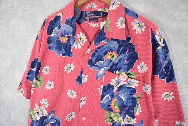 90年代 90s ポロラルフローレン 花柄 オープンカラー ピンク 開襟 半袖
