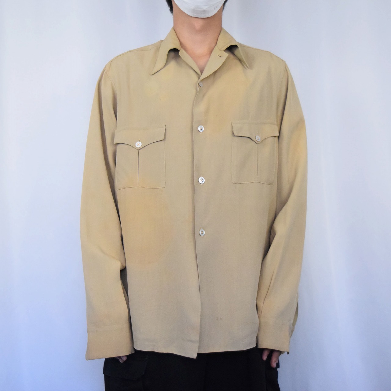 40s 50s 40年代 50年代 長袖 ベージュ レーヨンシャツ | ビンテージ