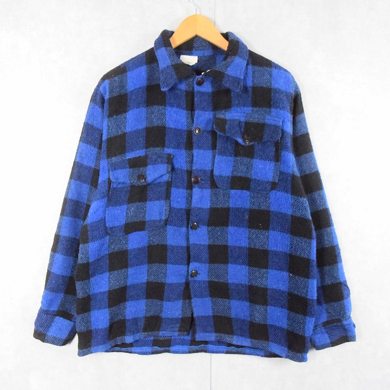 70年代 70s 長袖シャツ 青 ブロックチェック | ビンテージ古着屋Feeet