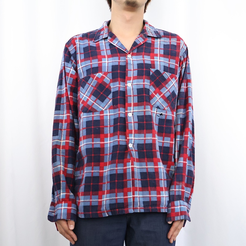 60s 60年代 プリネル チェック柄 長袖 開襟シャツ オープンカラー