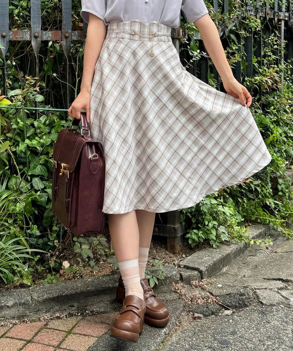 □コインチェーン使いパステルチェックフレアースカート/F&A