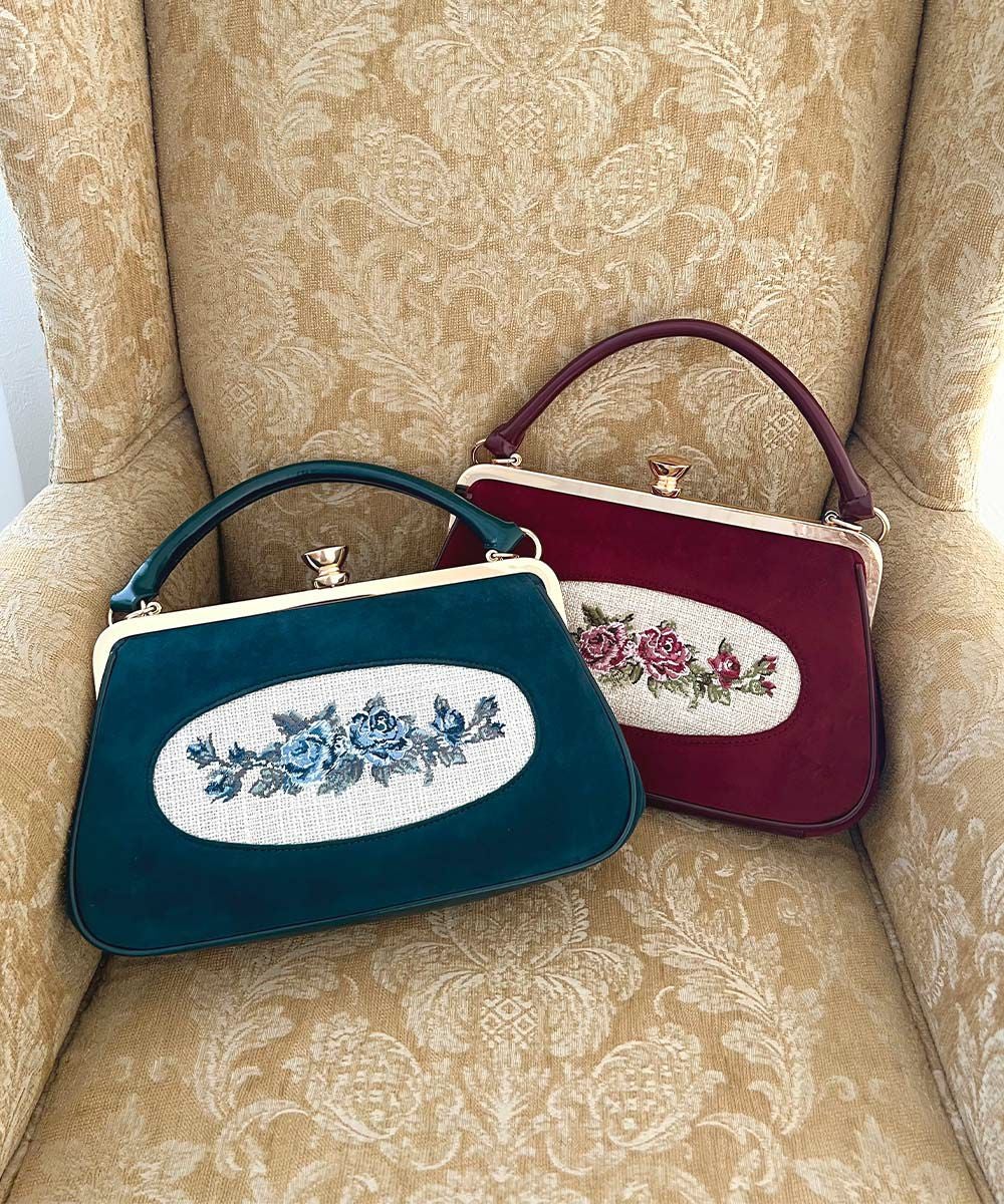 フレームローズ刺繍クロップドがま口バッグ/an another angelus