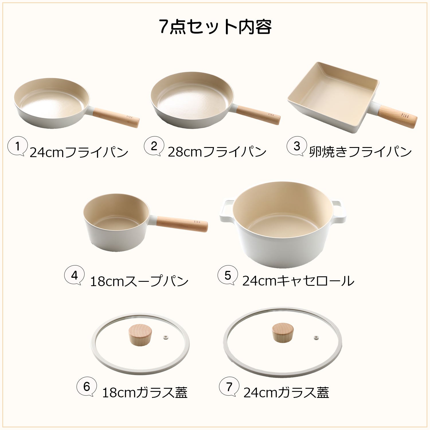 FIKA7点セット（セラミックフライパン・両手鍋・卵焼き器・片手鍋