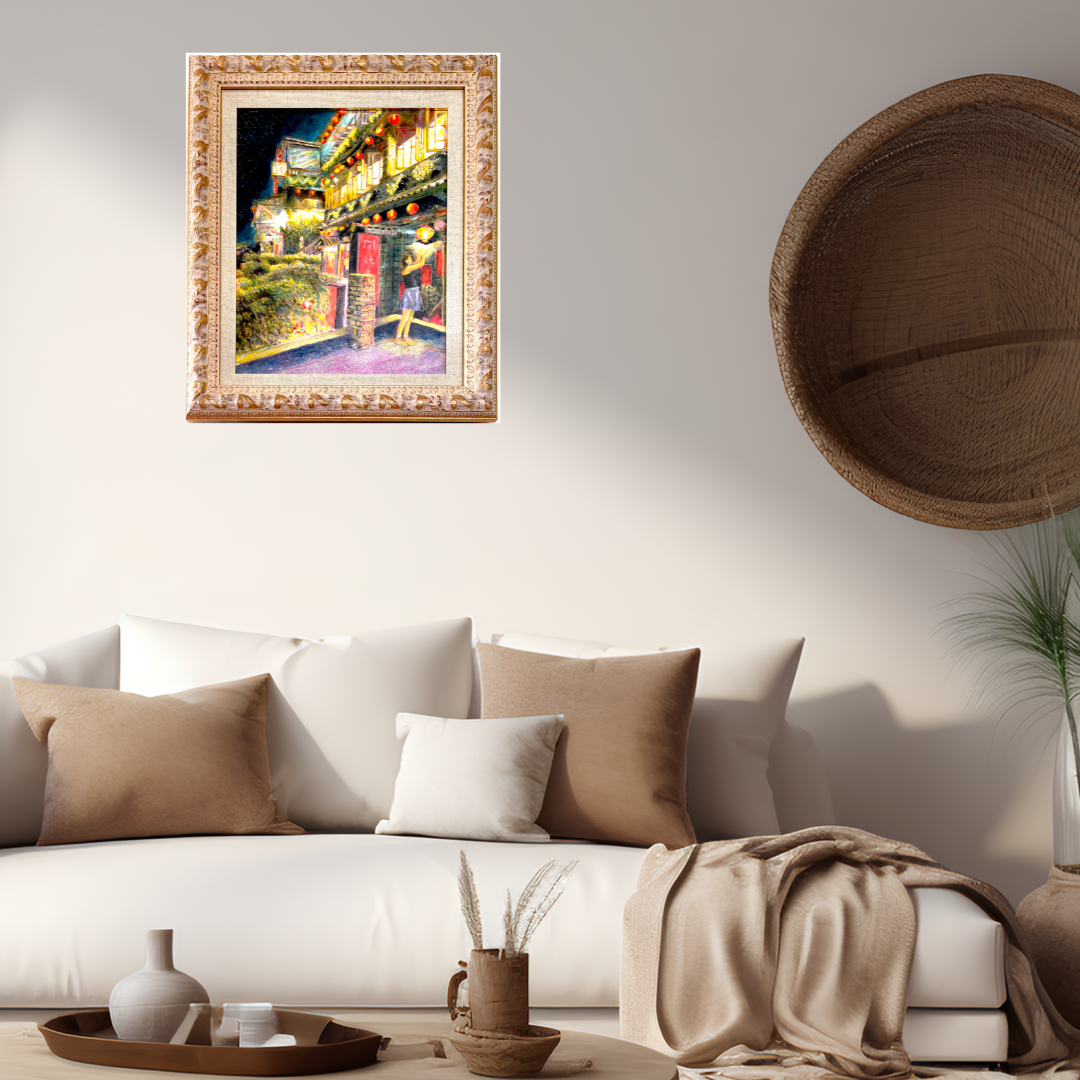 風景画「台湾九份の夜景」油彩画/F6 額付き by 福家佳則 / Fukei-ART