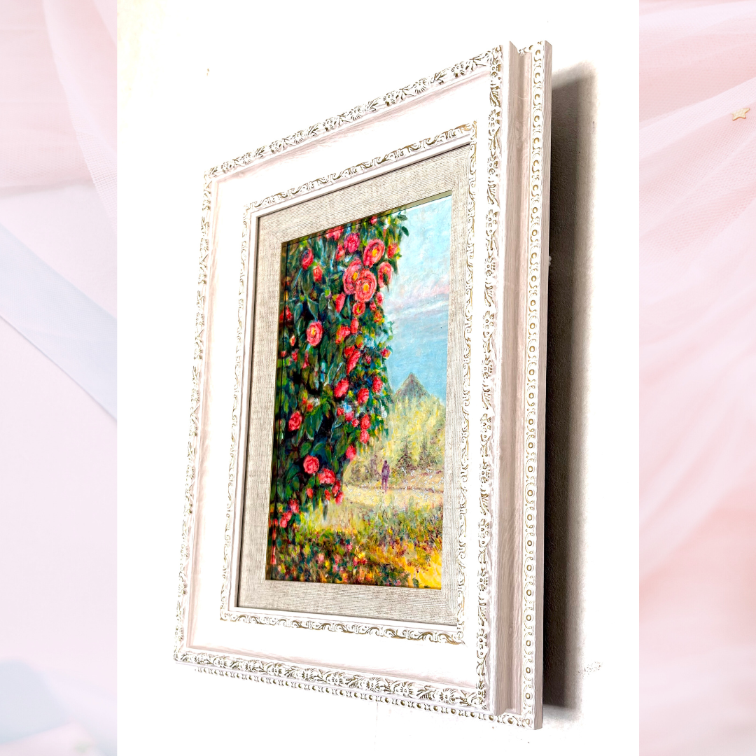 風景画「山に咲く赤椿」油彩画 SM/額付き by 福家佳則 / Fukei-ART