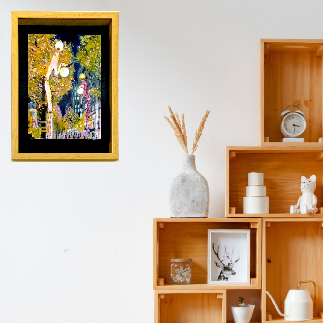 風景画「アートな街路灯の街」油彩画 SM 額付き by 福家佳則 / Fukei