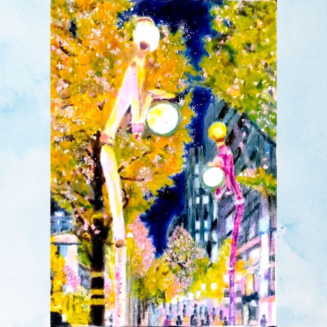 風景画「アートな街路灯の街」油彩画 SM 額付き by 福家佳則 / Fukei