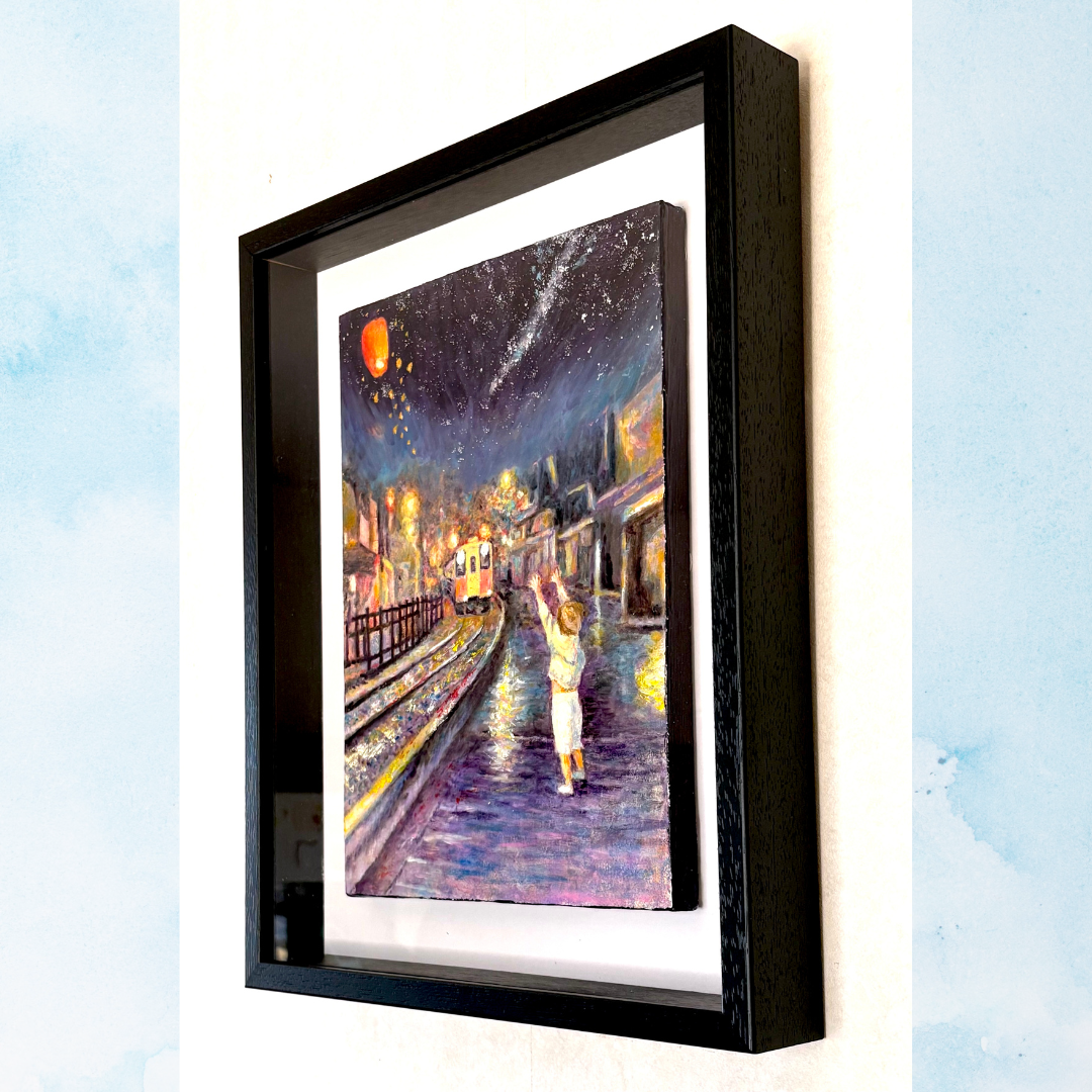 風景画「台湾十分の夜景」油彩画F4/額付き アクリル面 by 福家佳則