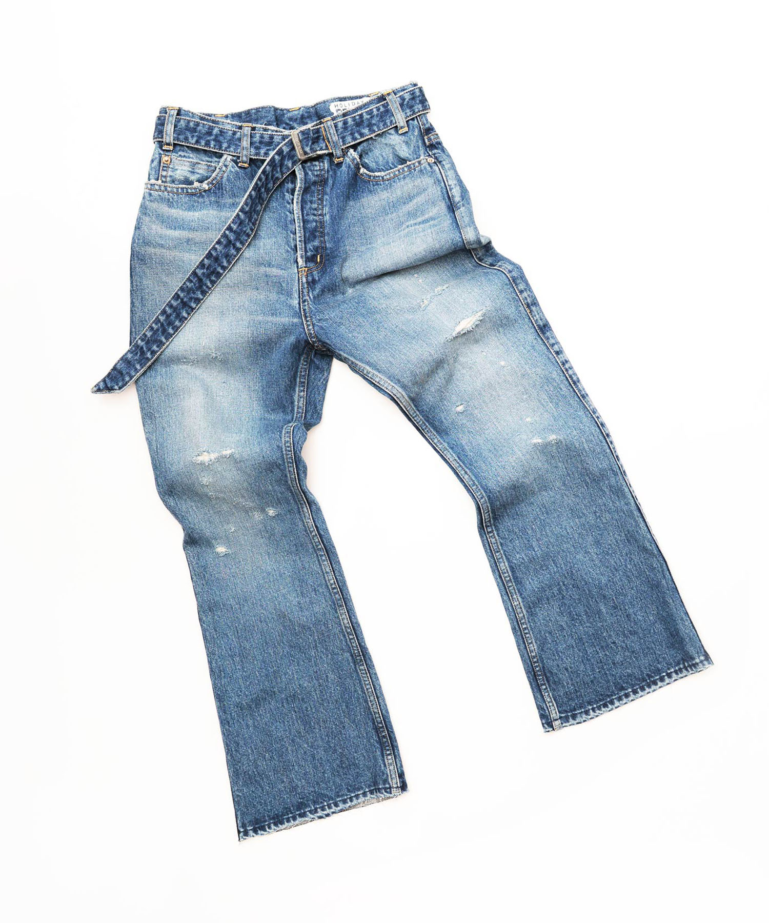 DAMAGE DENIM HIGH WAIST WIDE BELTED FLARE PANTS｜HOLIDAY（ホリデイ