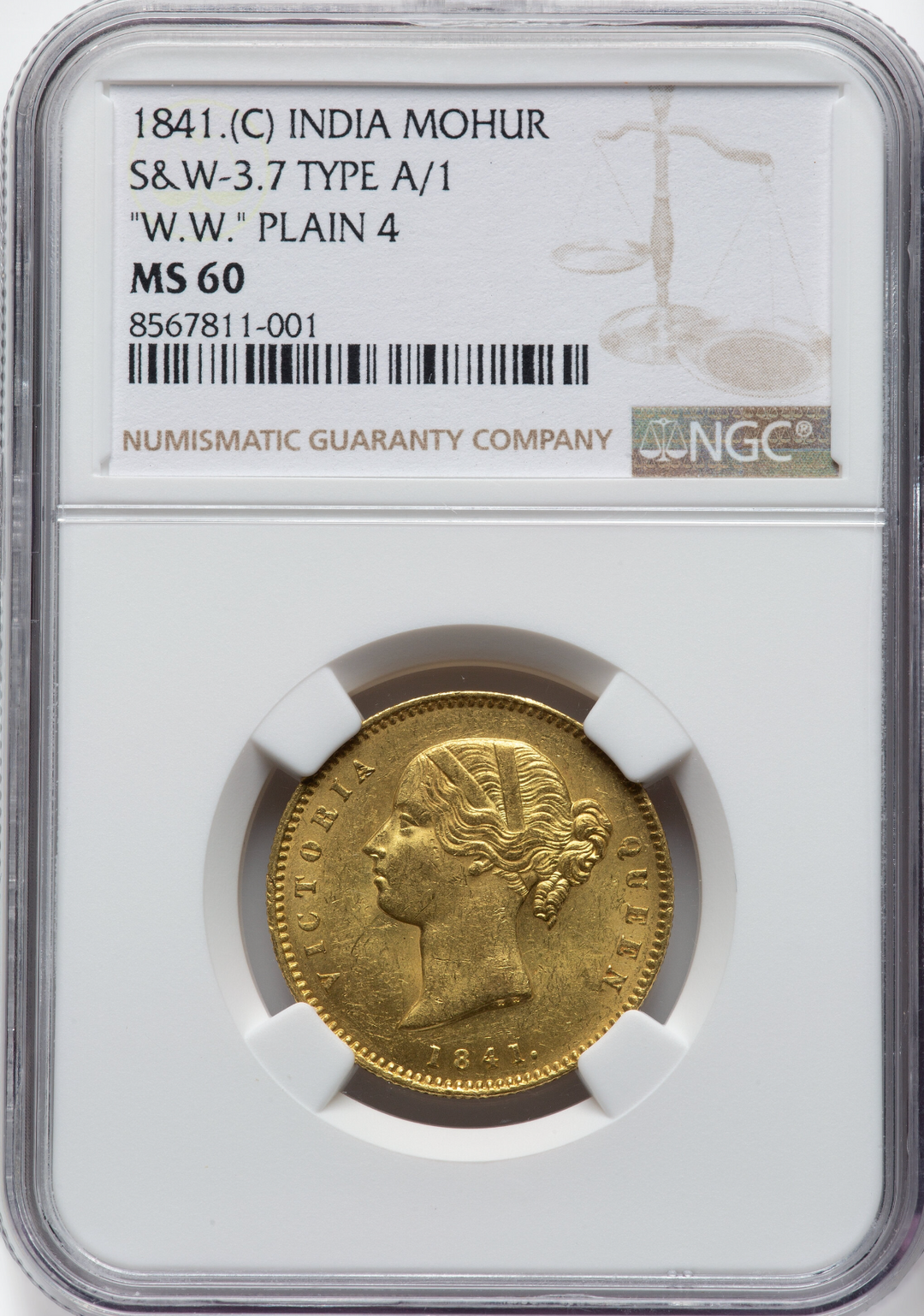 1841年 英領🇬🇧インド モハール金貨 ヴィクトリア女王 NGC MS60 