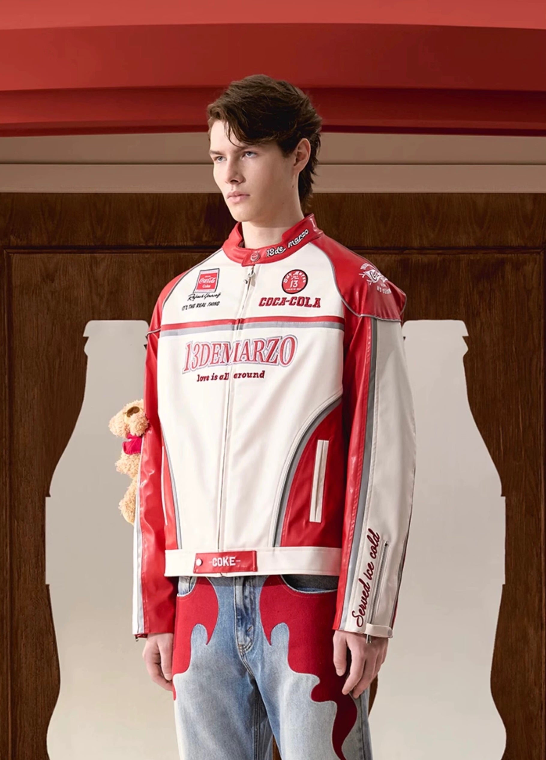 13DE MARZO x Coca-Cola Bear Racing Leather Jacket Racing Red