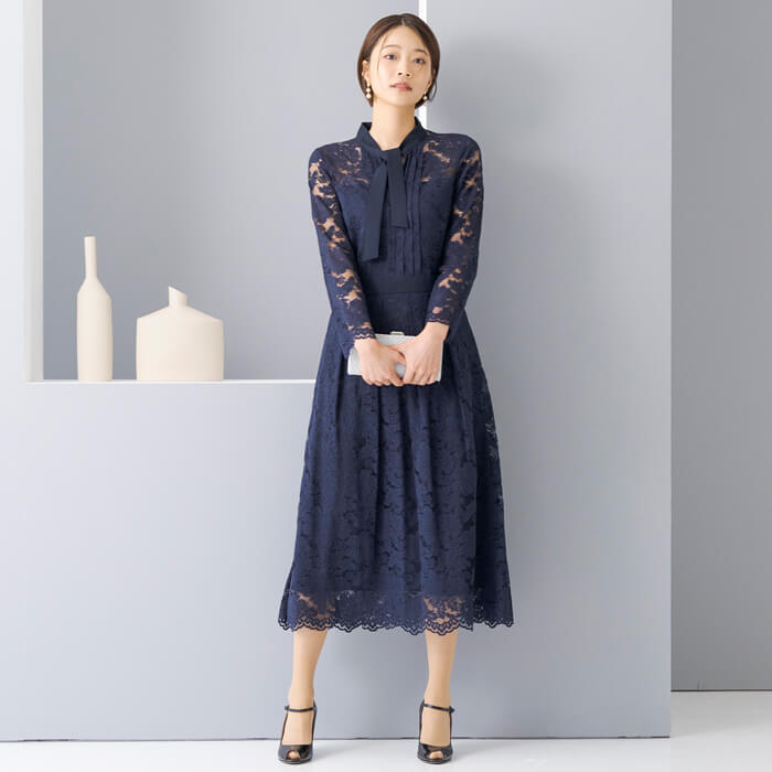 WEB限定｜ボウタイレースドレス 9号・ネイビー｜東京ソワール