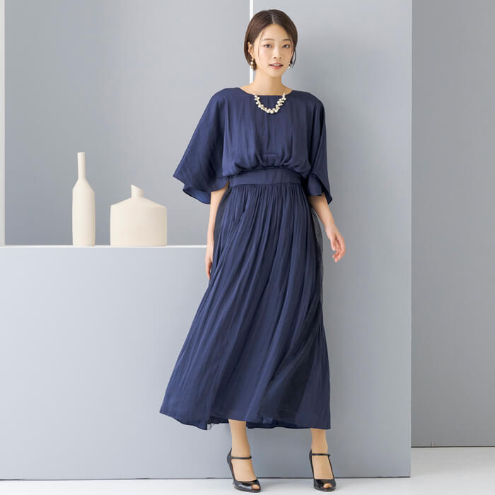 WEB限定｜ケープ風ブラウジングドレス 9号・ネイビー｜東京ソワール